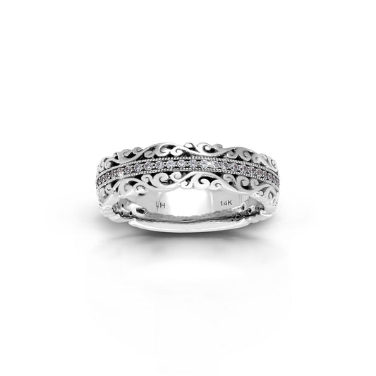 18K/ 14K Gold 6.4 mm LH Vintage Scalloped Scroll Wide Band with Diamond Row