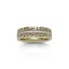 18K/ 14K Gold 6.4 mm LH Vintage Scalloped Scroll Wide Band with Diamond Row 18K/ 14K Gold 6.4 mm LH Vintage Scalloped Scroll Wide Band with Diamond Row