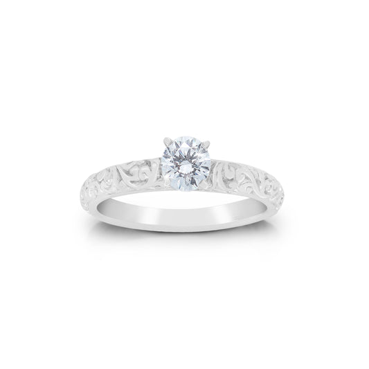18K/ 14K Gold 2.8 mm LH Carved Scroll Solitaire with Diamond Dot Accents Engagement Ring
