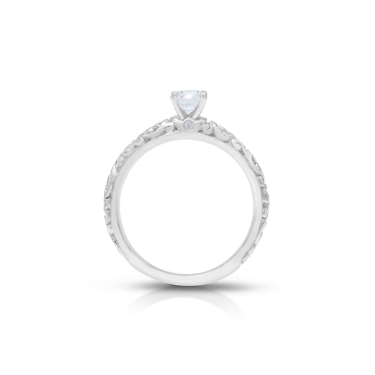 18K/ 14K Gold 2.8 mm LH Carved Scroll Solitaire with Diamond Dot Accents Engagement Ring