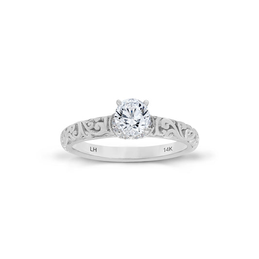 18K/ 14K Gold 2.3 mm LH Carved Scroll Solitaire with V-Shaped Diamond Accents Engagement Ring