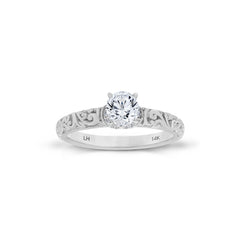 18K/ 14K Gold 2.3 mm LH Carved Scroll Solitaire with V-Shaped Diamond Accents Engagement Ring 18K/ 14K Gold 2.3 mm LH Carved Scroll Solitaire with V-Shaped Diamond Accents Engagement Ring