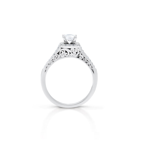 18K/ 14K Gold 1.9 mm LH Carved Scroll Square Halo with Diamond Side Rows Engagement Ring