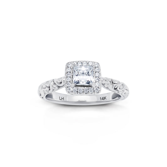 18K/ 14K Gold 2.8 mm LH Carved Scroll Square Halo Basket Engagement Ring