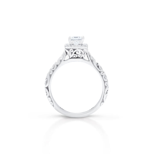 18K/ 14K Gold 2.8 mm LH Carved Scroll Square Halo Basket Engagement Ring