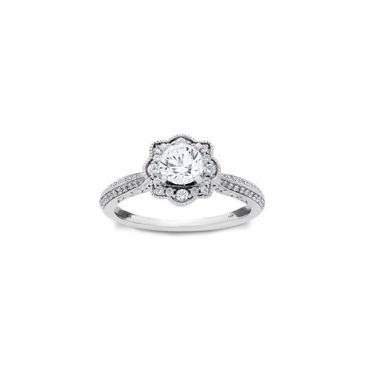 18K/ 14K Gold 1.6 mm LH Vintage Carved Scroll Floral Basket Halo with Diamond Side Rows Engagement Ring