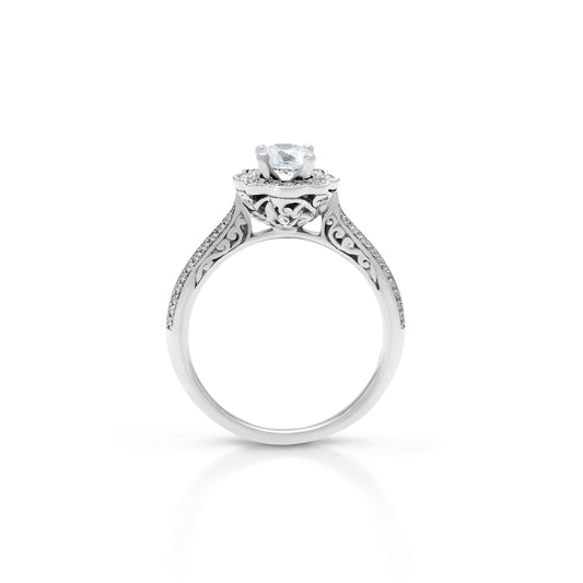 18K/ 14K Gold 1.6 mm LH Vintage Carved Scroll Floral Basket Halo with Diamond Side Rows Engagement Ring