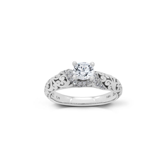 18K/ 14K Gold 2.8 mm LH Carved Scroll Solitaire with Twisted Accent Engagement Ring
