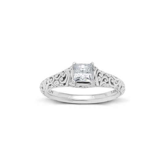 18K/ 14K Gold 2.6 mm LH Carved Scroll Solitaire Vintage Engagement Ring