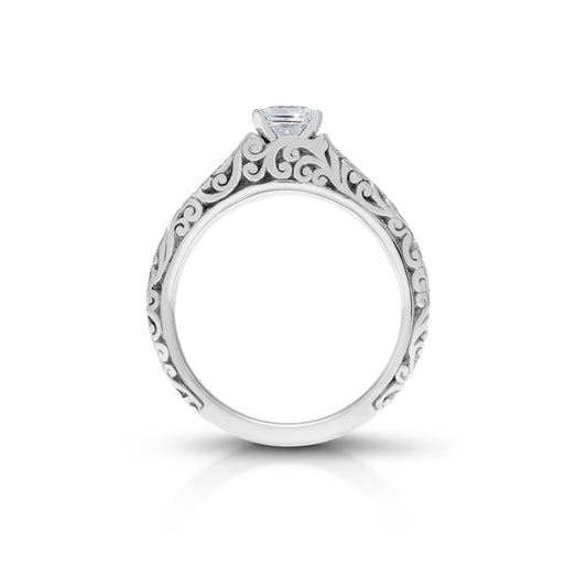 18K/ 14K Gold 2.6 mm LH Carved Scroll Solitaire Vintage Engagement Ring