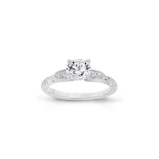 18K/ 14K Gold 2.75 mm LH Repousse Round Diamond with Diamond Side Stones Engagement Ring
