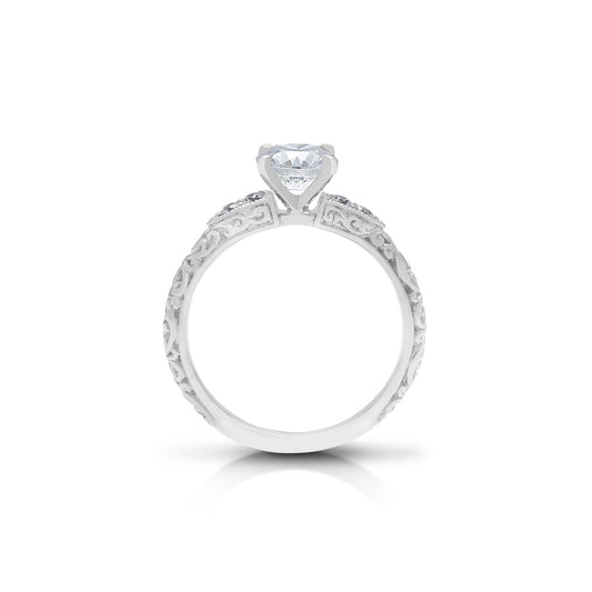 18K/ 14K Gold 2.75 mm LH Repousse Round Diamond with Diamond Side Stones Engagement Ring