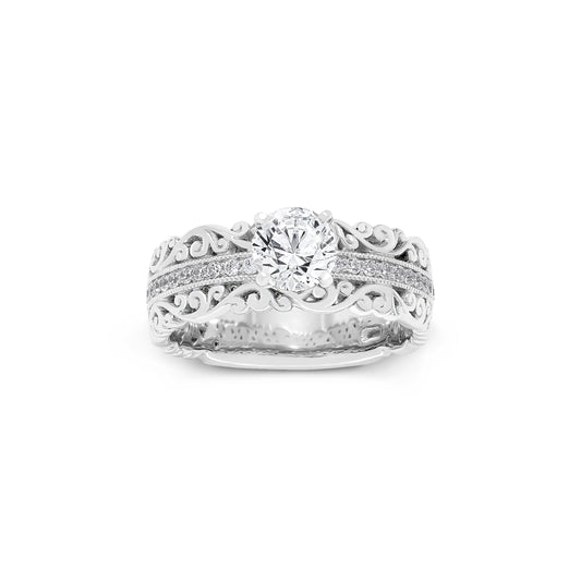 18K/ 14K Gold 6.7 mm LH Vintage Scalloped Scroll Solitaire Wide Band Ring with Diamond Milgrain Row Accent