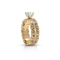 18K/ 14K Gold 6.7 mm LH Vintage Scalloped Scroll Solitaire Wide Band Ring with Diamond Milgrain Row Accent 18K/ 14K Gold 6.7 mm LH Vintage Scalloped Scroll Solitaire Wide Band Ring with Diamond Milgrain Row Accent