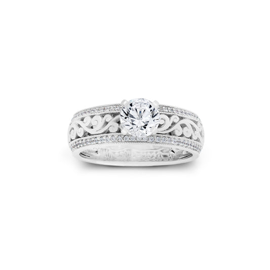 18K/14K Gold 6.3 mm LH Carved Scroll Solitaire Dome Wide Band with Diamond Milgrain Row Edges