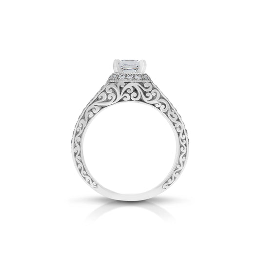 18K/ 14K Gold 4 mm LH Vintage Carved Scroll Halo Engagement Ring