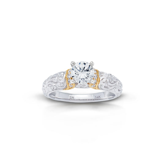 18K/ 14K Gold 4.3 mm LH Repousse Two-Tone Solitaire with Diamond Accents Engagement Ring