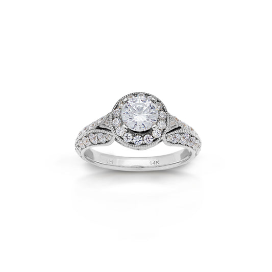 18K/ 14K Gold 2.4 mm LH Carved Scroll Round Halo Vintage Engagement Ring