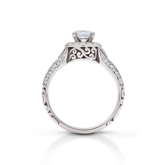 18K/ 14K Gold 2.4 mm LH Carved Scroll Round Halo Vintage Engagement Ring