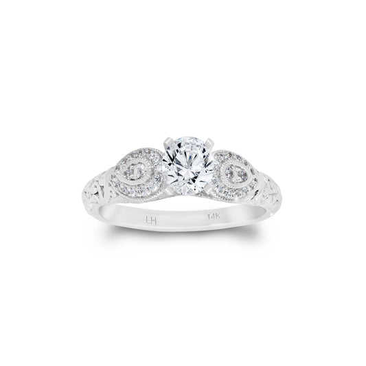 18K/ 14K Gold 2.7 mm LH Carved Scroll Bostonian with Pear-Shape Like Round Diamond Sides Engagement Ring