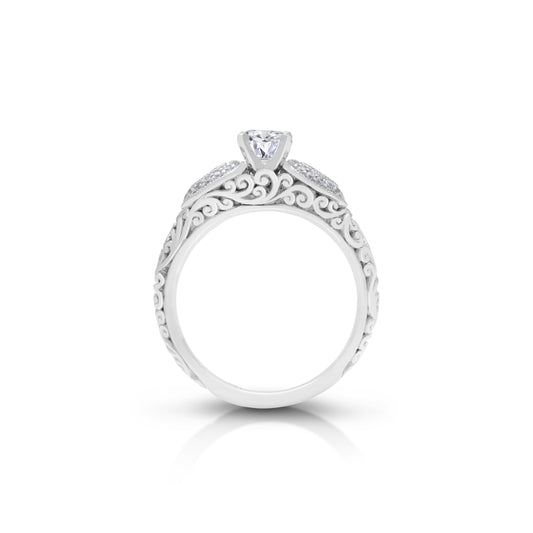 18K/ 14K Gold 2.7 mm LH Carved Scroll Bostonian with Pear-Shape Like Round Diamond Sides Engagement Ring