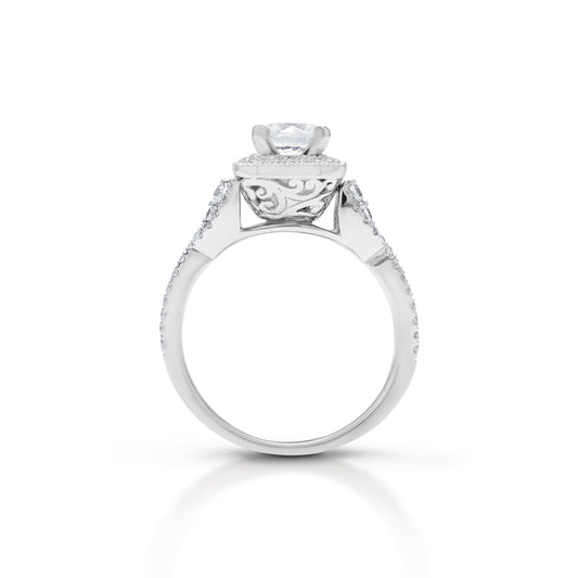 18K/ 14K Gold 3.5 mm LH Carved Scroll Cushion Square Halo Basket with Diamond Twist Engagement Ring