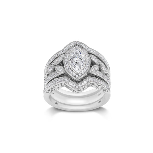 18K/ 14K Gold LH 3 Stacked Full Pave Diamond Scroll Marquise Shape Center Engagement Ring