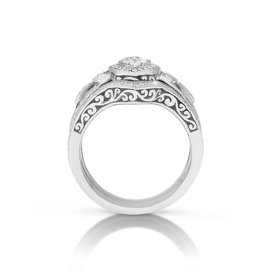 18K/ 14K Gold LH 3 Stacked Full Pave Diamond Scroll Marquise Shape Center Engagement Ring