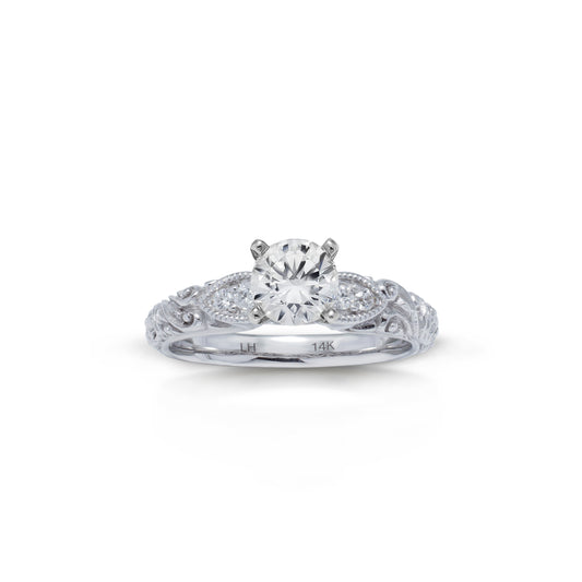 18K/ 14K Gold 3 mm LH Repousse Round Diamond with Diamond Side Engagement Ring