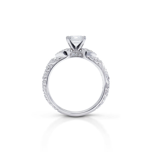 18K/ 14K Gold 3 mm LH Repousse Round Diamond with Diamond Side Engagement Ring