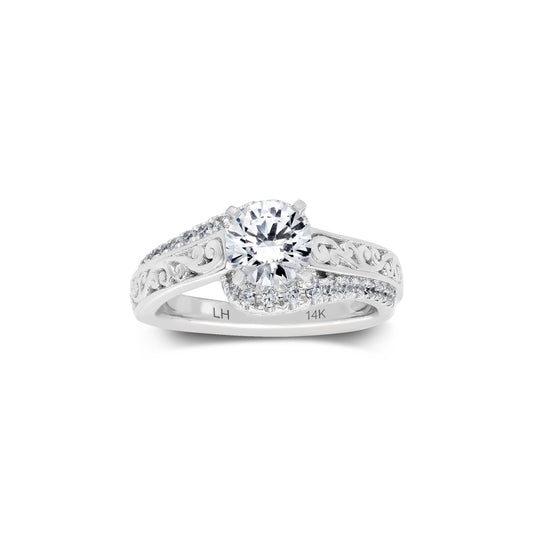 18K/ 14K Gold 4.3 mm LH Classic Scroll Round Diamond with Diamond Row Accents Engagement Ring