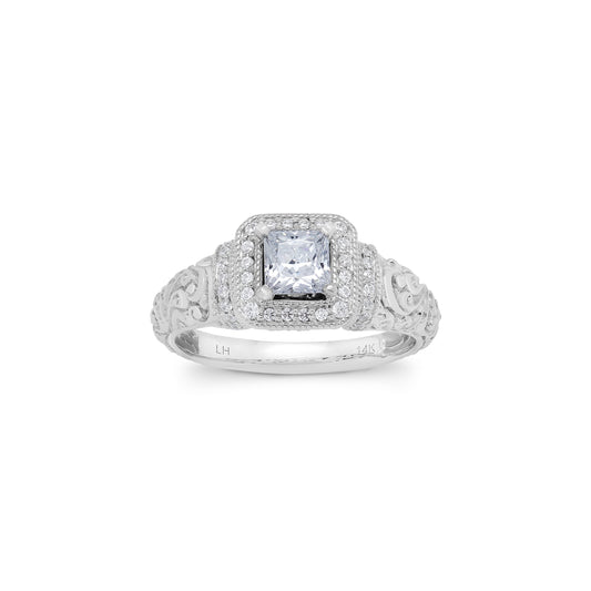 18K/ 14K Gold 3.2 mm LH Vintage Repousse Square Halo with Diamond Accents Engagement Ring