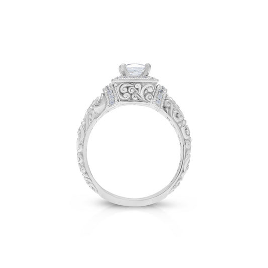 18K/ 14K Gold 3.2 mm LH Vintage Repousse Square Halo with Diamond Accents Engagement Ring