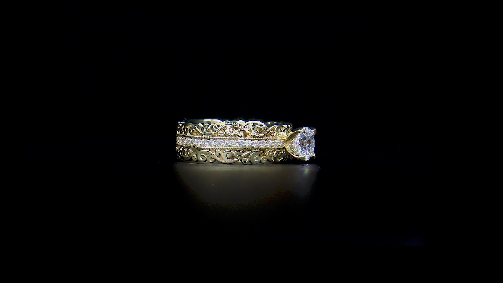 18K/ 14K Gold 6.7 mm LH Vintage Scalloped Scroll Solitaire Wide Band Ring with Diamond Milgrain Row Accent 18K/ 14K Gold 6.7 mm LH Vintage Scalloped Scroll Solitaire Wide Band Ring with Diamond Milgrain Row Accent
