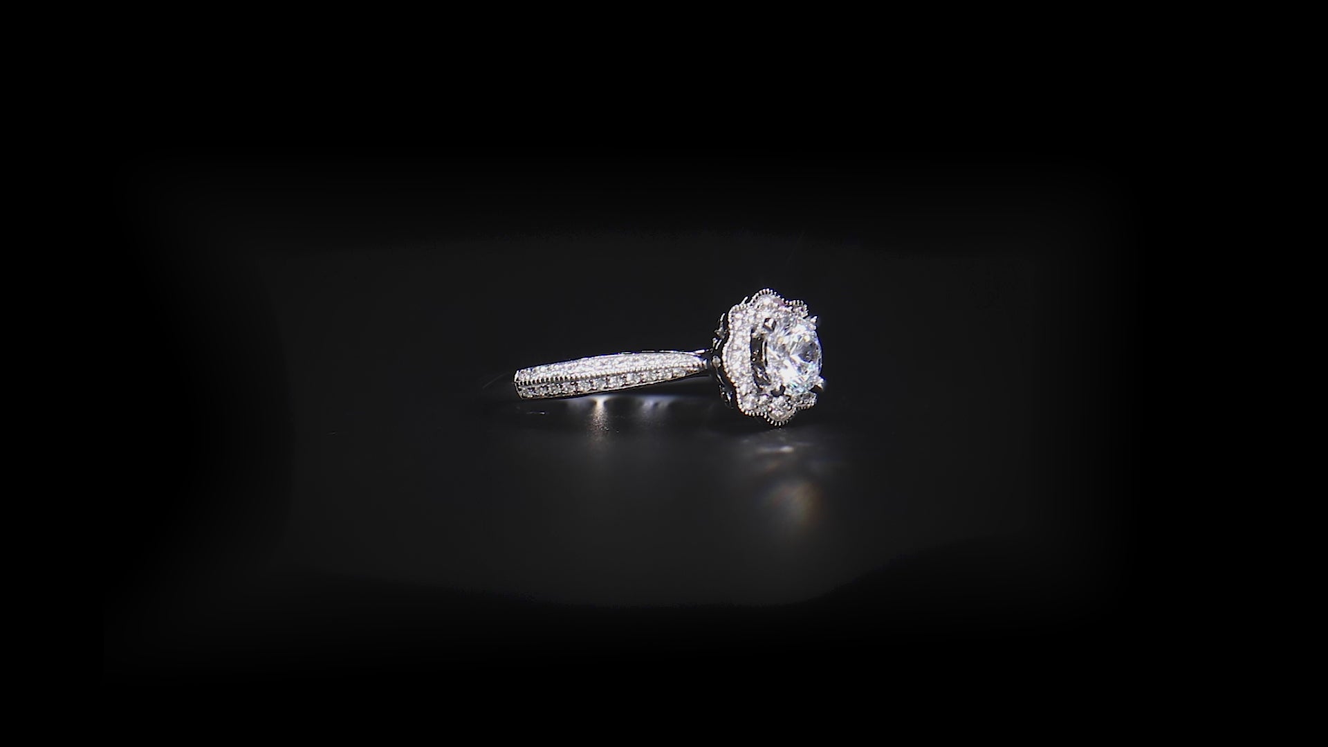 18K/ 14K Gold 1.6 mm LH Vintage Carved Scroll Floral Basket Halo with Diamond Side Rows Engagement Ring 18K/ 14K Gold 1.6 mm LH Vintage Carved Scroll Floral Basket Halo with Diamond Side Rows Engagement Ring