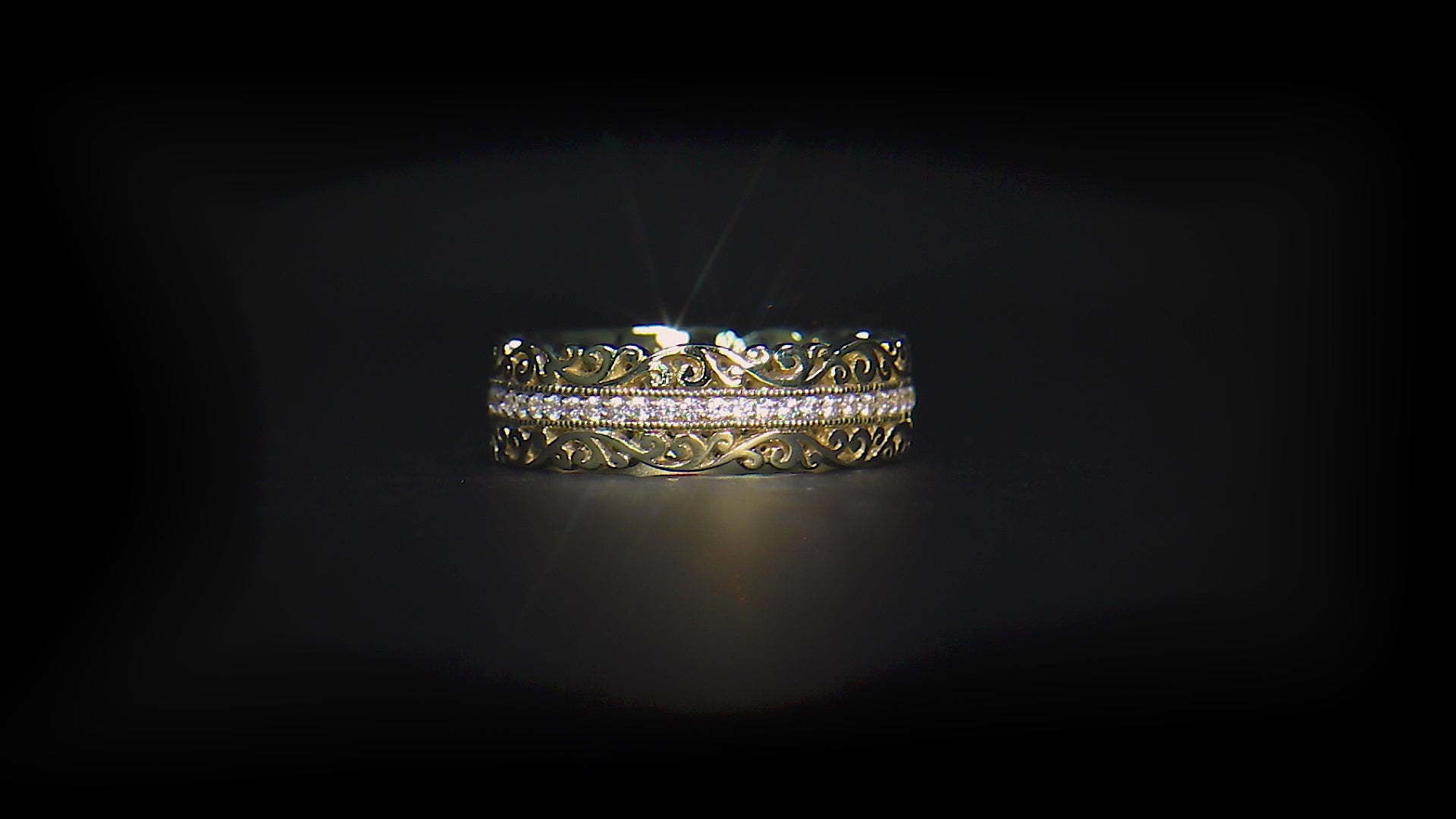 18K/ 14K Gold 6.4 mm LH Vintage Scalloped Scroll Wide Band with Diamond Row 18K/ 14K Gold 6.4 mm LH Vintage Scalloped Scroll Wide Band with Diamond Row