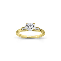 18K/ 14K Gold 2.75 mm LH Repousse Round Diamond with Diamond Side Stones Engagement Ring