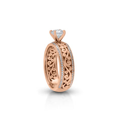 18K/14K Gold 6.3 mm LH Carved Scroll Solitaire Dome Wide Band with Diamond Milgrain Row Edges