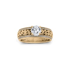 18K/14K Gold 6.3 mm LH Carved Scroll Solitaire Dome Wide Band with Diamond Milgrain Row Edges