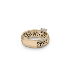 18K/14K Gold 6.3 mm LH Carved Scroll Solitaire Dome Wide Band with Diamond Milgrain Row Edges