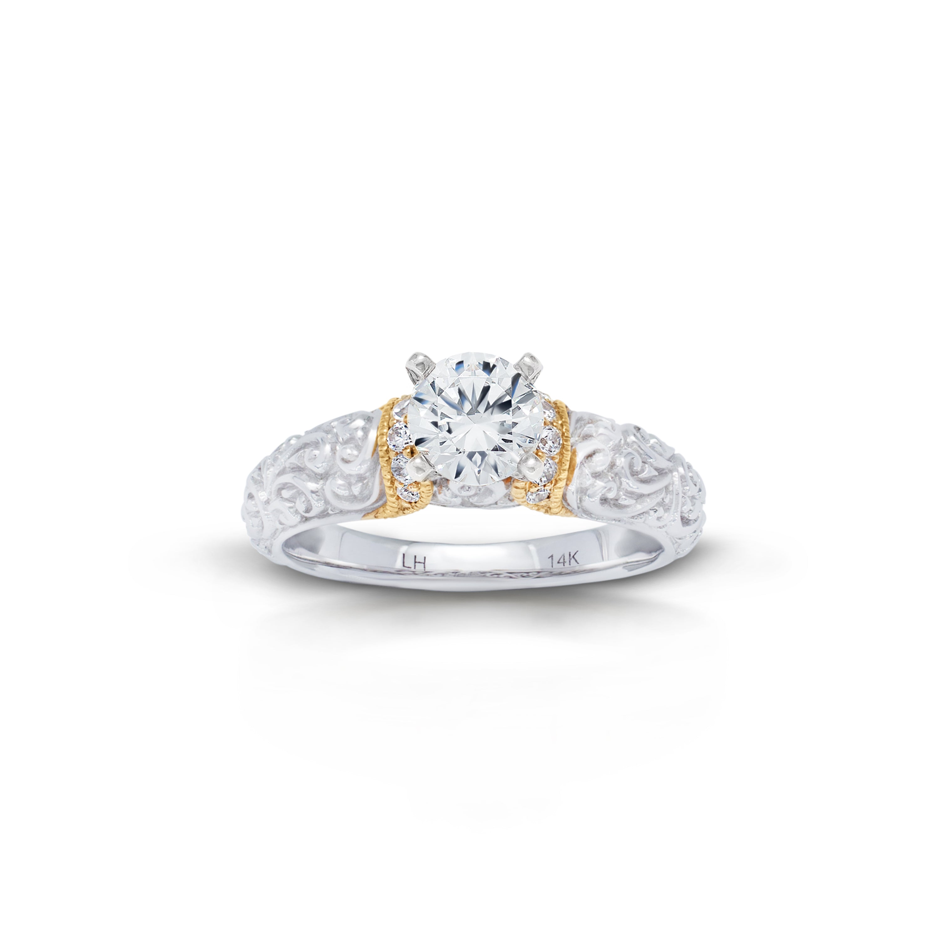 18K/ 14K Gold 4.3 mm LH Repousse Two-Tone Solitaire with Diamond Accen ...