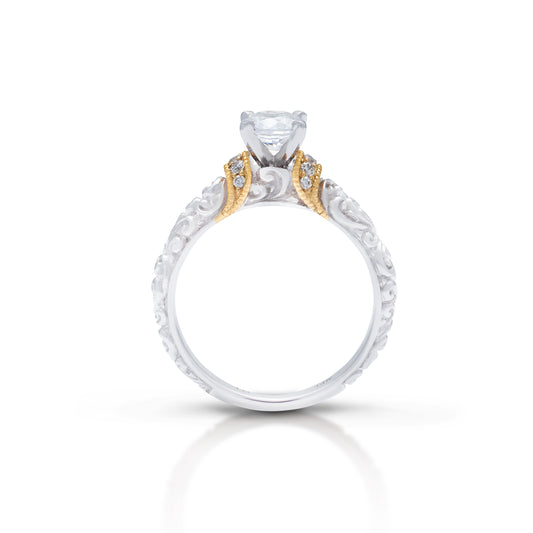 18K/ 14K Gold 4.3 mm LH Repousse Two-Tone Solitaire with Diamond Accents Engagement Ring