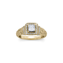 18K/ 14K Gold 3.2 mm LH Vintage Repousse Square Halo with Diamond Accents Engagement Ring