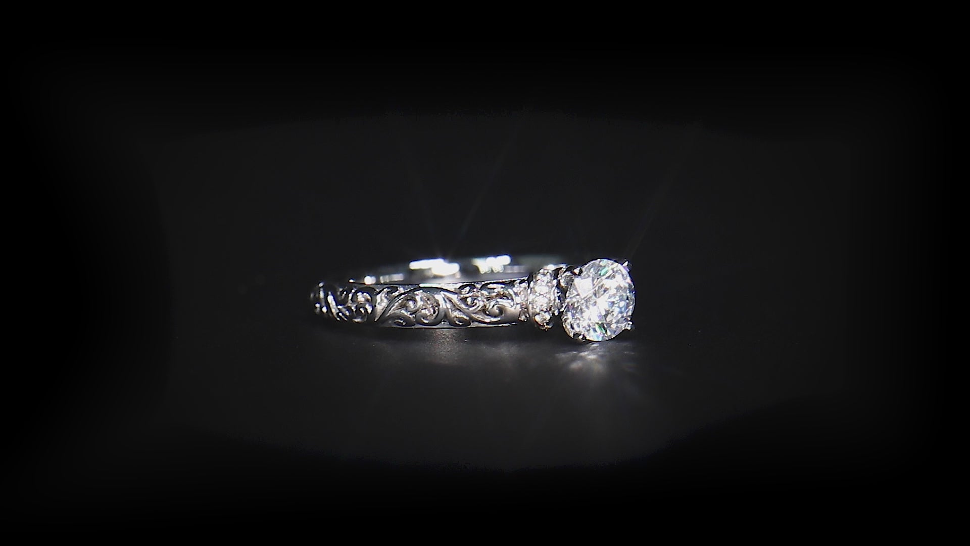 18K/ 14K Gold 2.3 mm LH Carved Scroll Solitaire with V-Shaped Diamond Accents Engagement Ring
